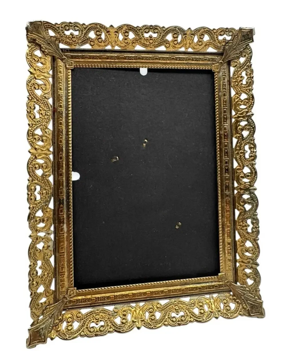 Vtg Gold Metal Filigree Picture Frame 5x7 Photo Victorian Ornate Fleur-de-Lis